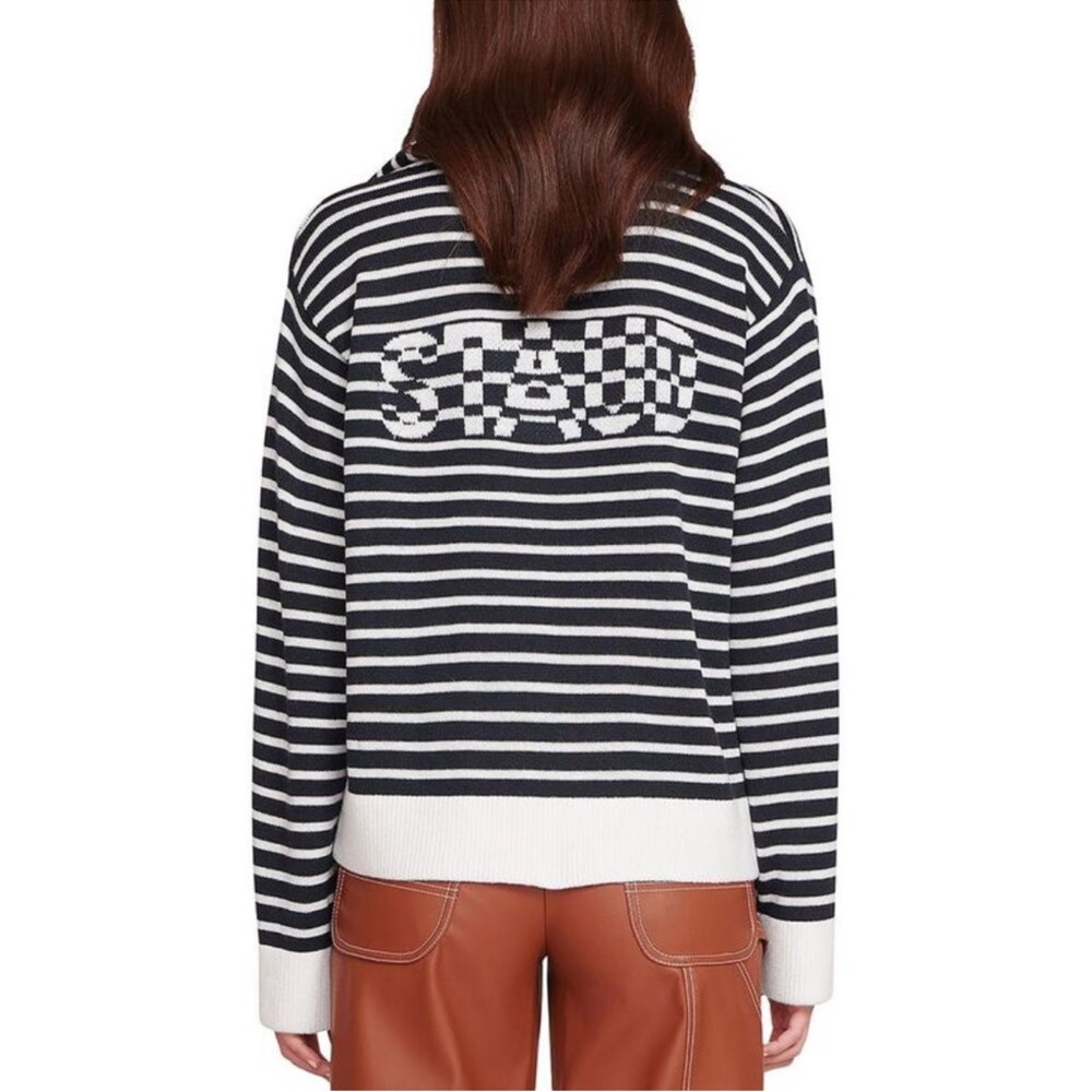 STAUD Womens Linden Navy Wool Blend Striped Pullover V-Neck Sweater Top NWT